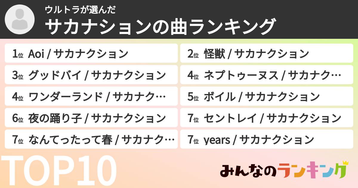 ウルトラさんの「サカナションの曲ランキング」