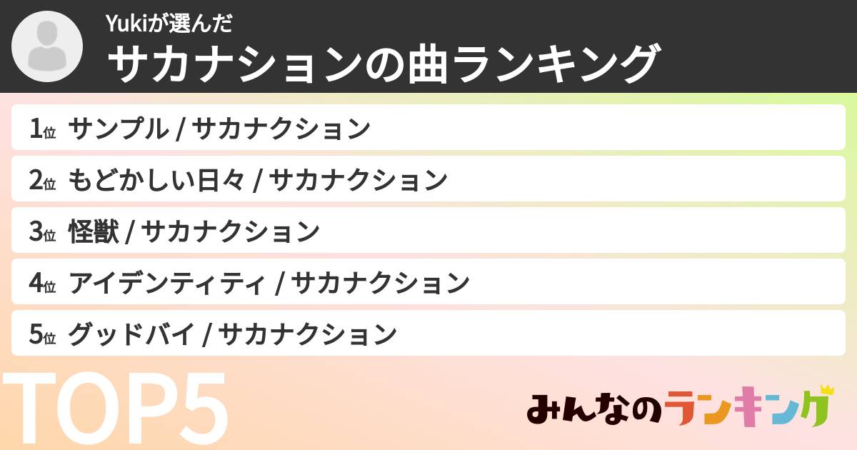 Yukiさんの「サカナションの曲ランキング」