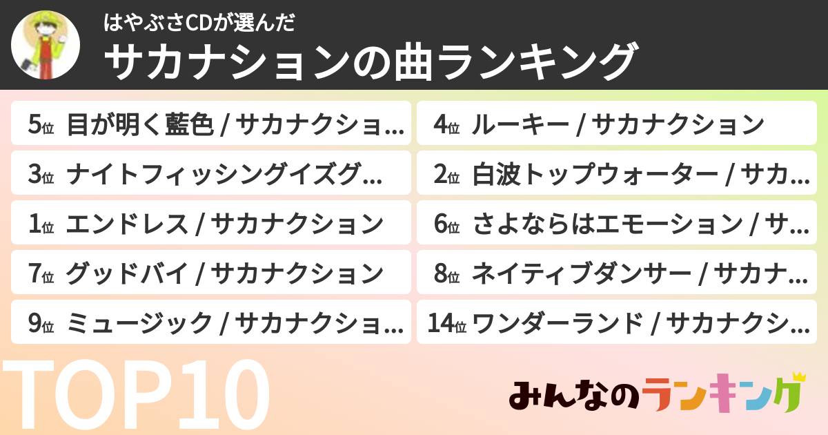 はやぶさCDさんの「サカナションの曲ランキング」