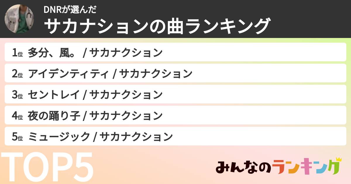 DNRさんの「サカナションの曲ランキング」