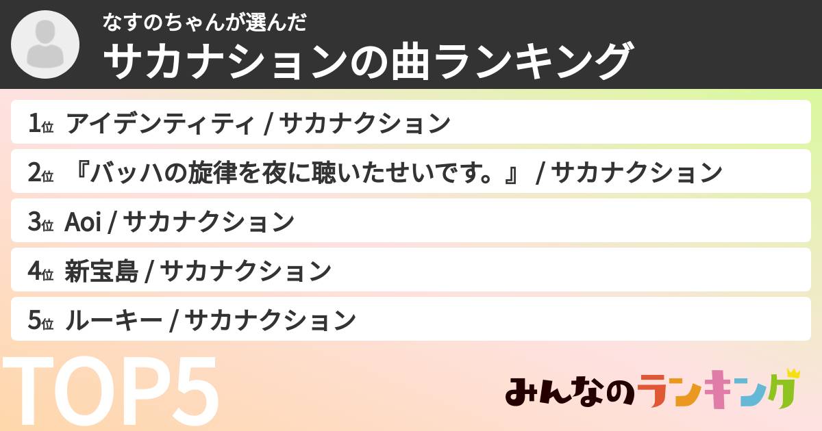 なすのちゃんさんの「サカナションの曲ランキング」