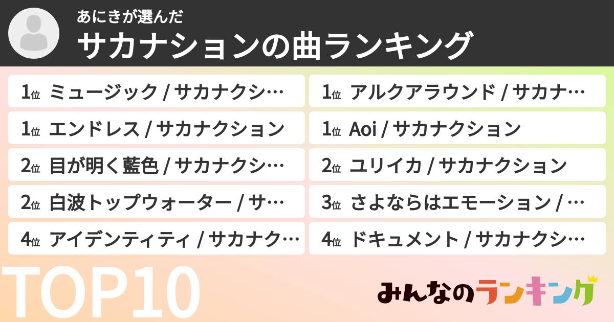 あにきさんの「サカナションの曲ランキング」