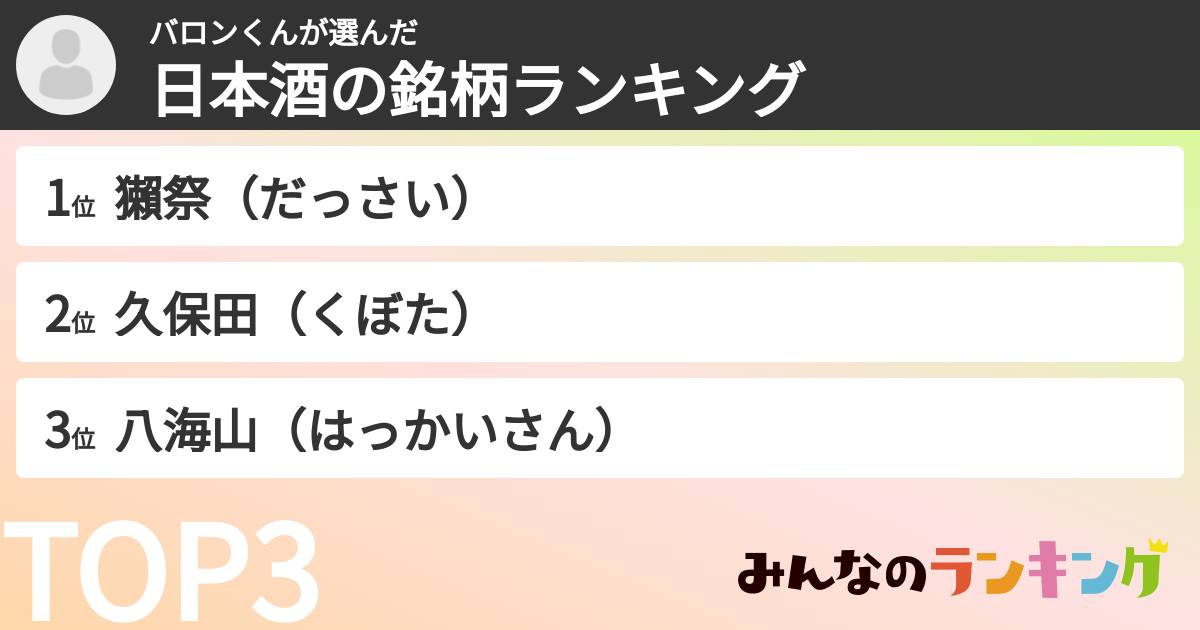 バロンくんさんの「日本酒の銘柄ランキング」