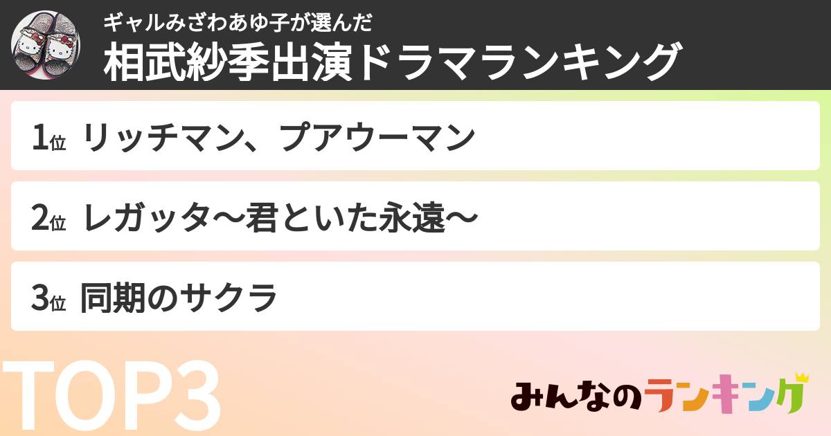 ギャルみざわあゆ子さんの「相武紗季出演ドラマランキング」