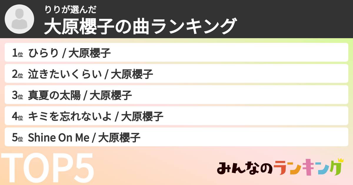 りりさんの「大原櫻子の曲ランキング」