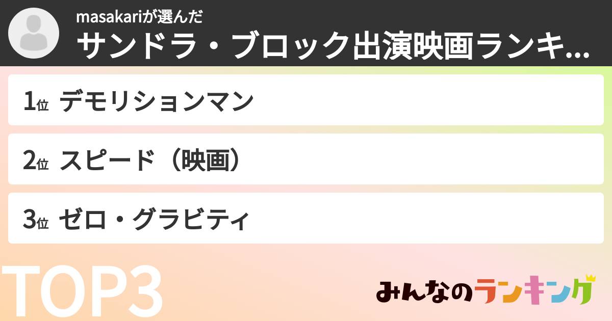 masakariさんの「サンドラ・ブロック出演映画ランキング」
