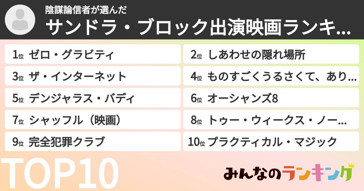 陰謀論信者さんの「サンドラ・ブロック出演映画ランキング」