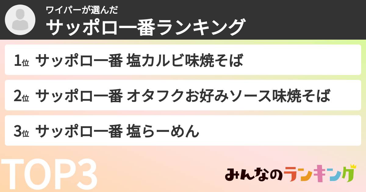 ワイパーさんの「サッポロ一番ランキング」