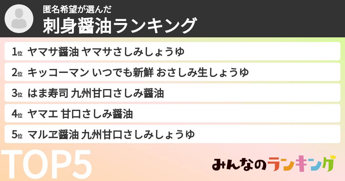匿名希望さんの「刺身醤油ランキング」