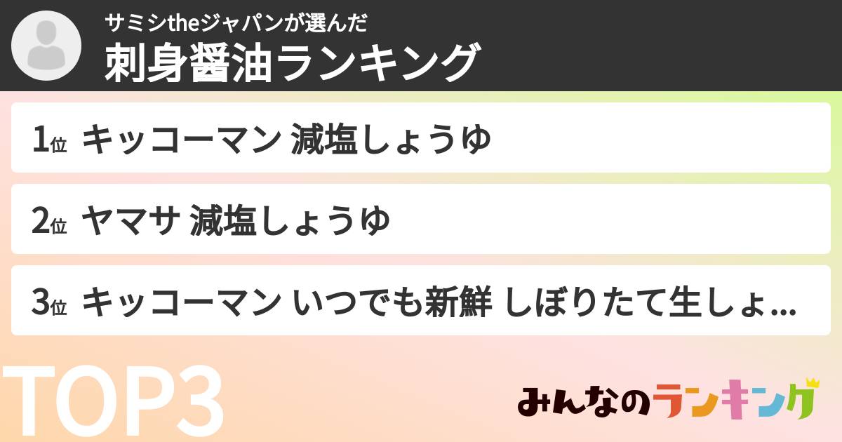 サミシtheジャパンさんの「刺身醤油ランキング」