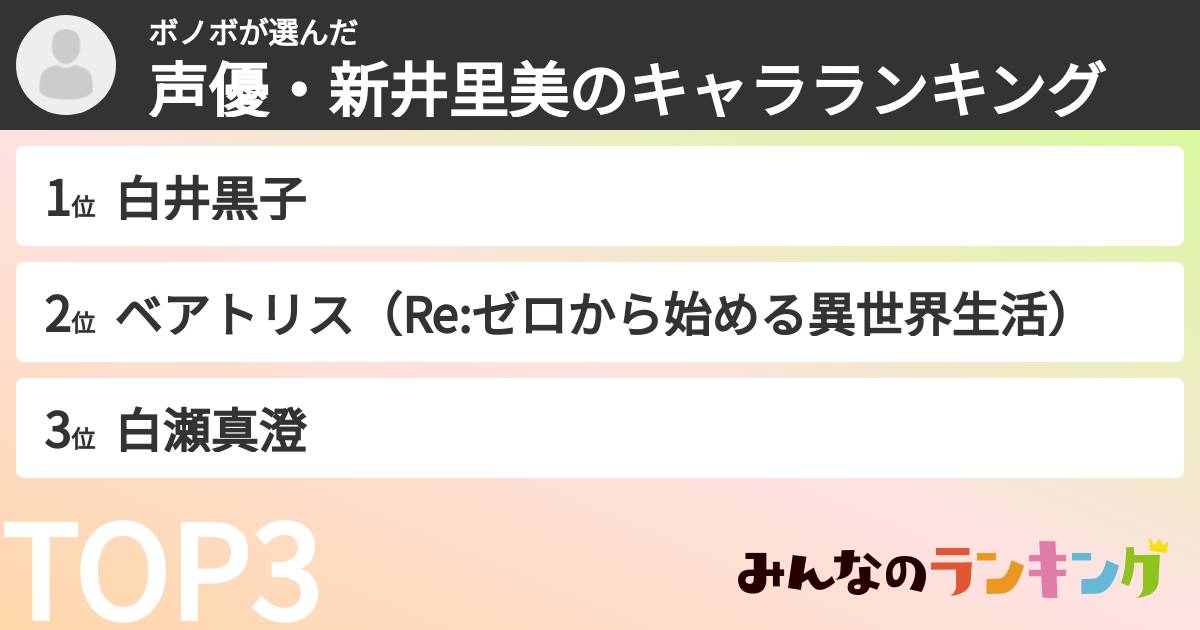 ボノボさんの「声優・新井里美のキャラランキング」