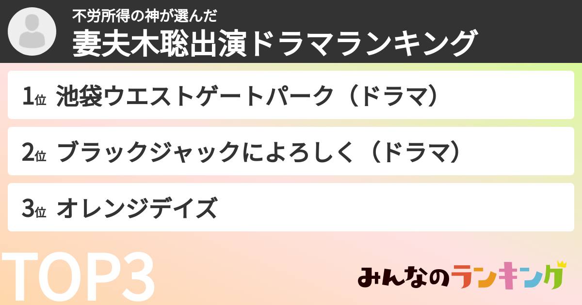 不労所得の神さんの「妻夫木聡出演ドラマランキング」