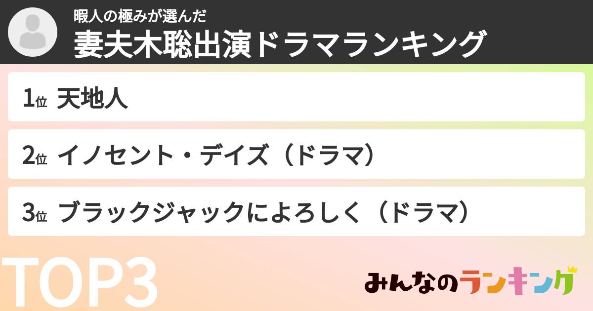 暇人の極みさんの「妻夫木聡出演ドラマランキング」
