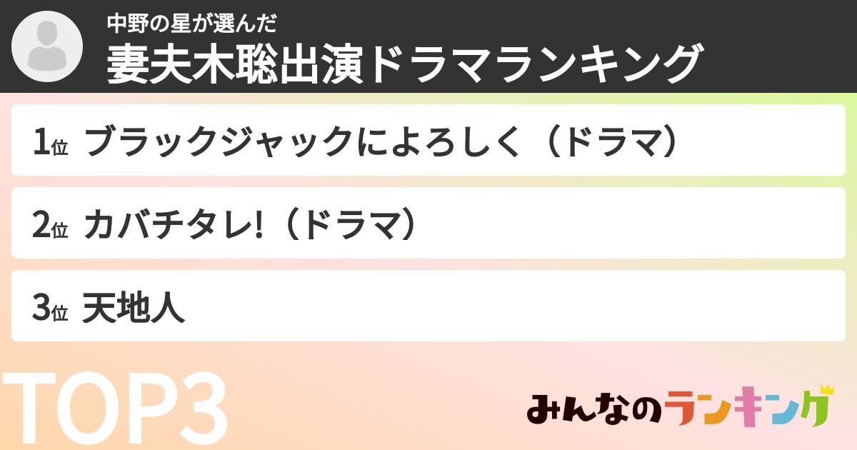 中野の星さんの「妻夫木聡出演ドラマランキング」