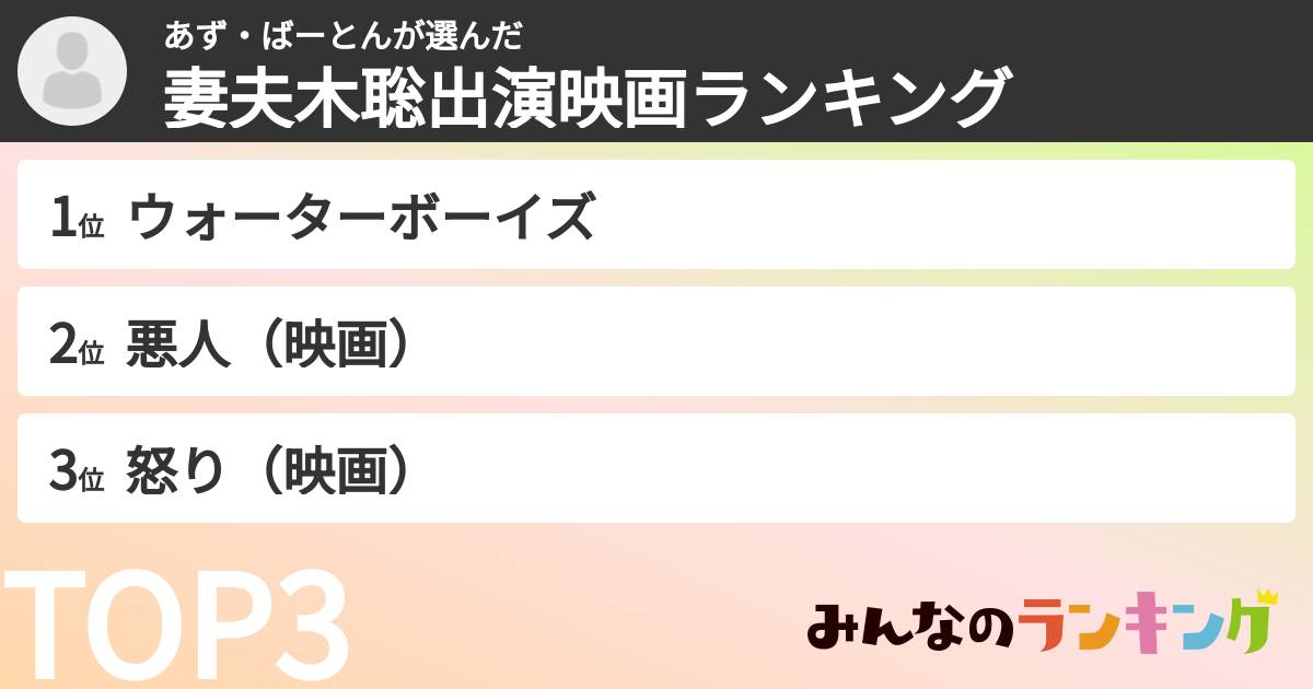 あず・ばーとんさんの「妻夫木聡出演映画ランキング」
