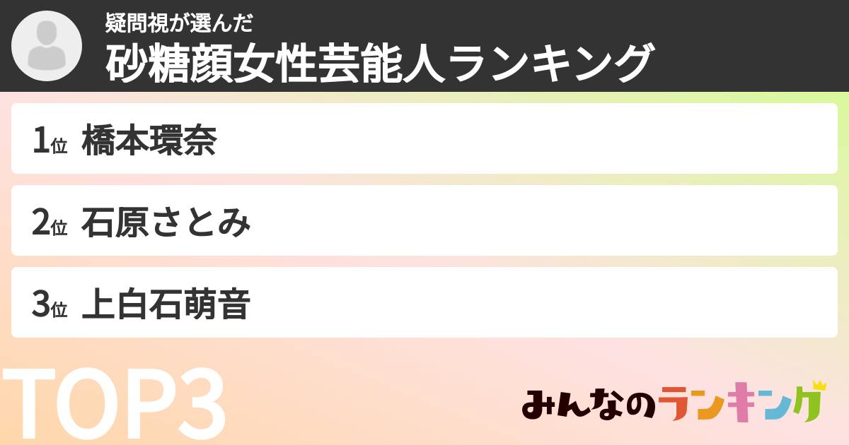 疑問視さんの「砂糖顔女性芸能人ランキング」