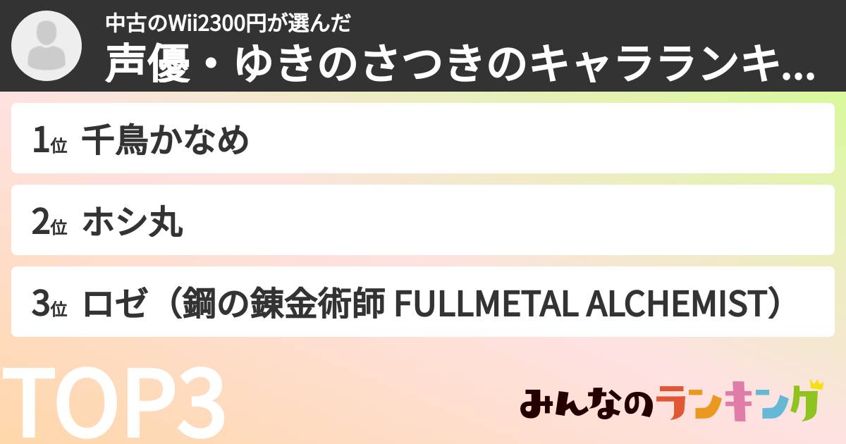 中古のWii2300円さんの「声優・ゆきのさつきのキャラランキング」