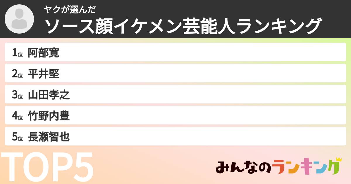 ヤクさんの「ソース顔イケメン芸能人ランキング」