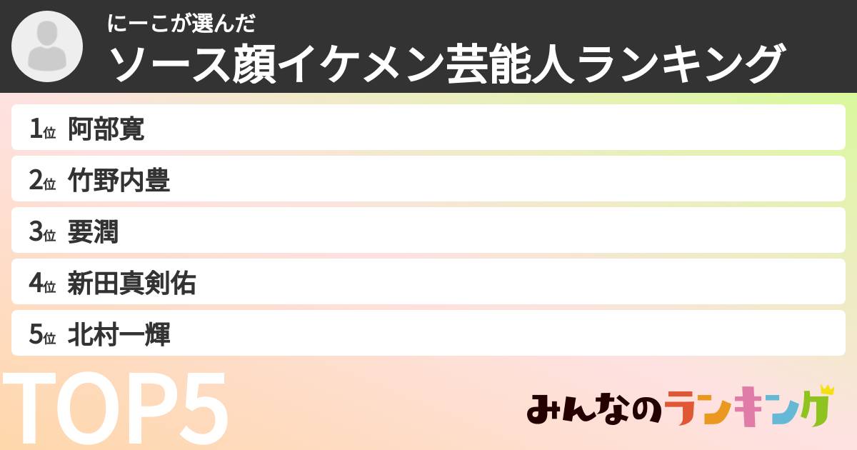 にーこさんの「ソース顔イケメン芸能人ランキング」