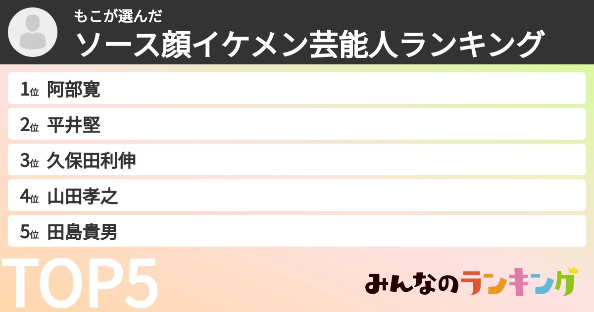もこさんの「ソース顔イケメン芸能人ランキング」