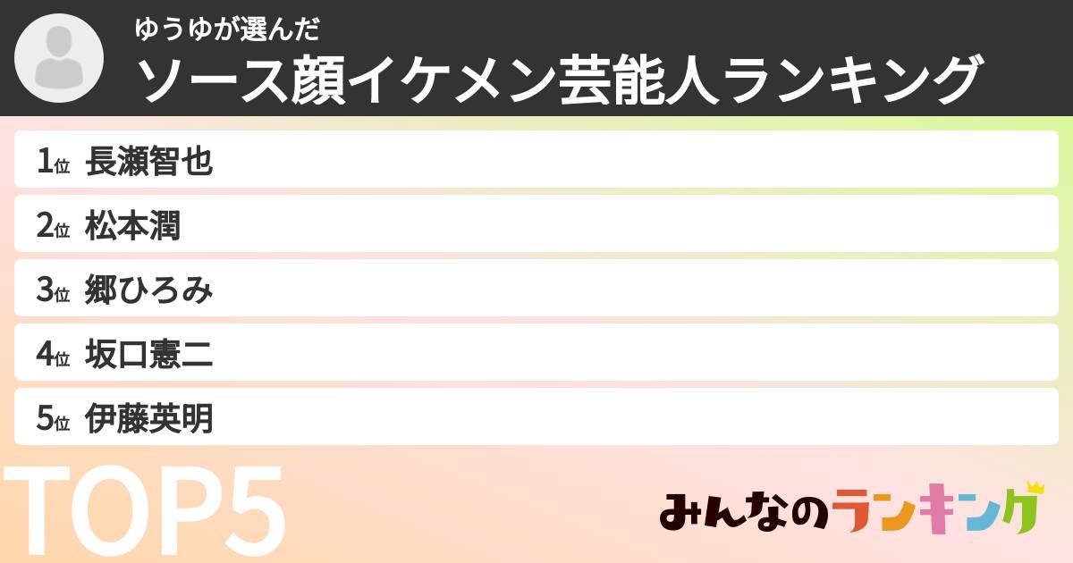 ゆうゆさんの「ソース顔イケメン芸能人ランキング」