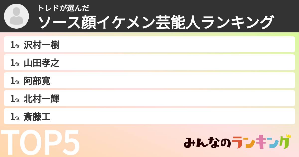トレドさんの「ソース顔イケメン芸能人ランキング」
