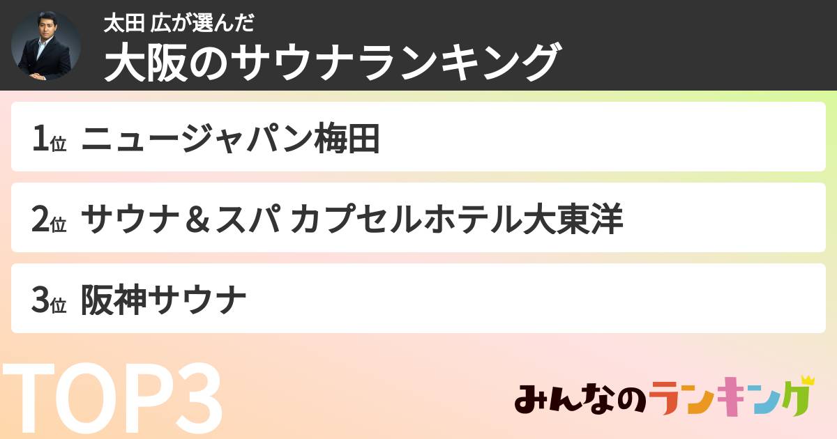 太田 広さんの「大阪のサウナランキング」