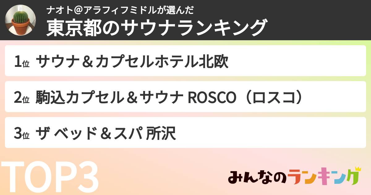 ナオト@アラフィフミドルさんの「東京都のサウナランキング」