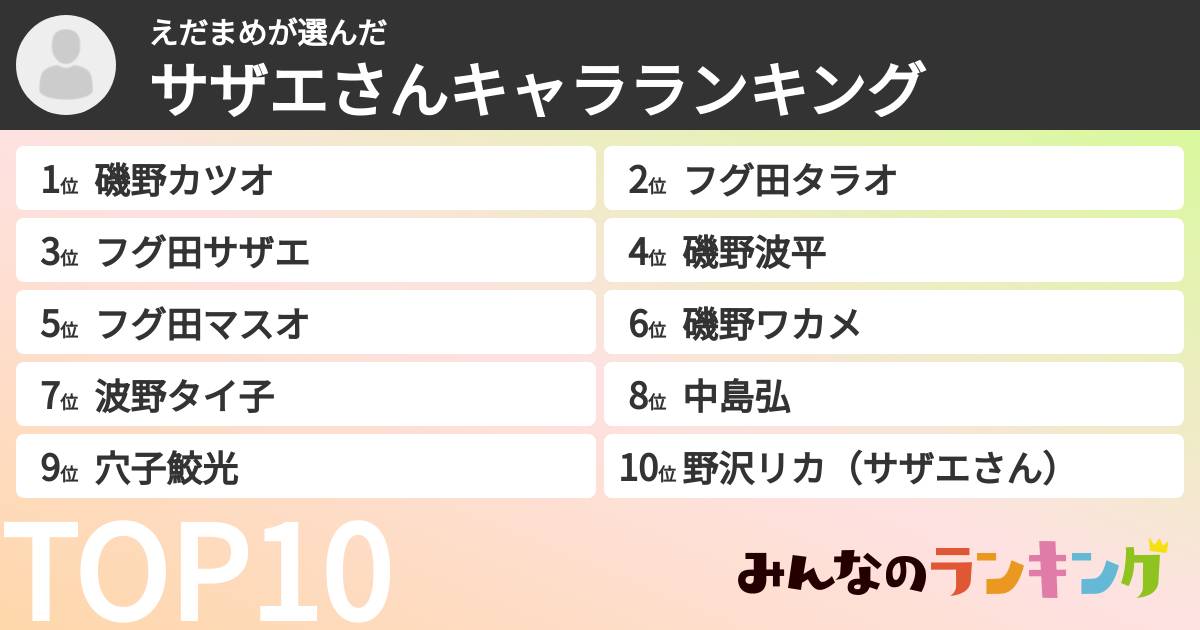 えだまめさんの「サザエさんキャラランキング」