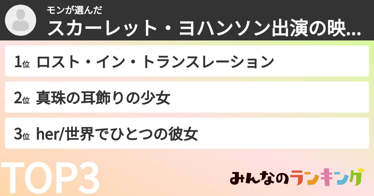 モンさんの「スカーレット・ヨハンソン出演の映画ランキング」