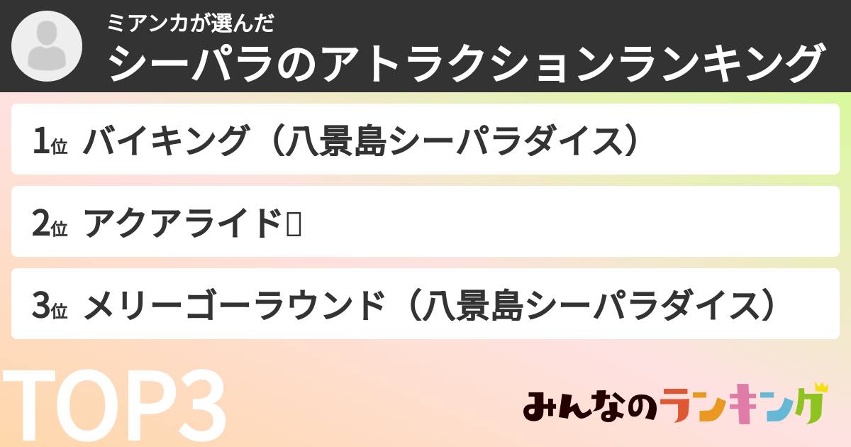 ミアンカさんの「シーパラのアトラクションランキング」