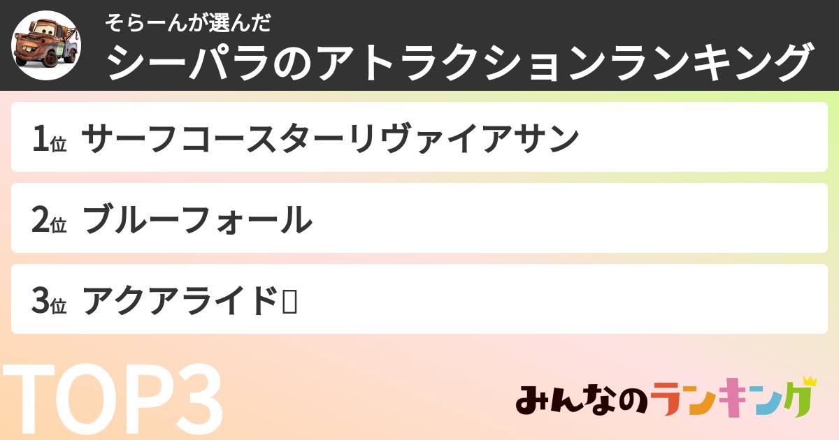 そらーんさんの「シーパラのアトラクションランキング」