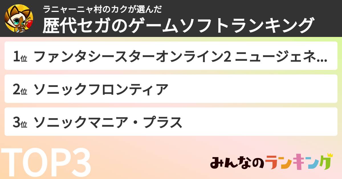 ラニャーニャ村のカクさんの「歴代セガのゲームソフトランキング」
