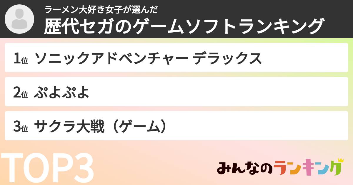 ラーメン大好き女子さんの「歴代セガのゲームソフトランキング」