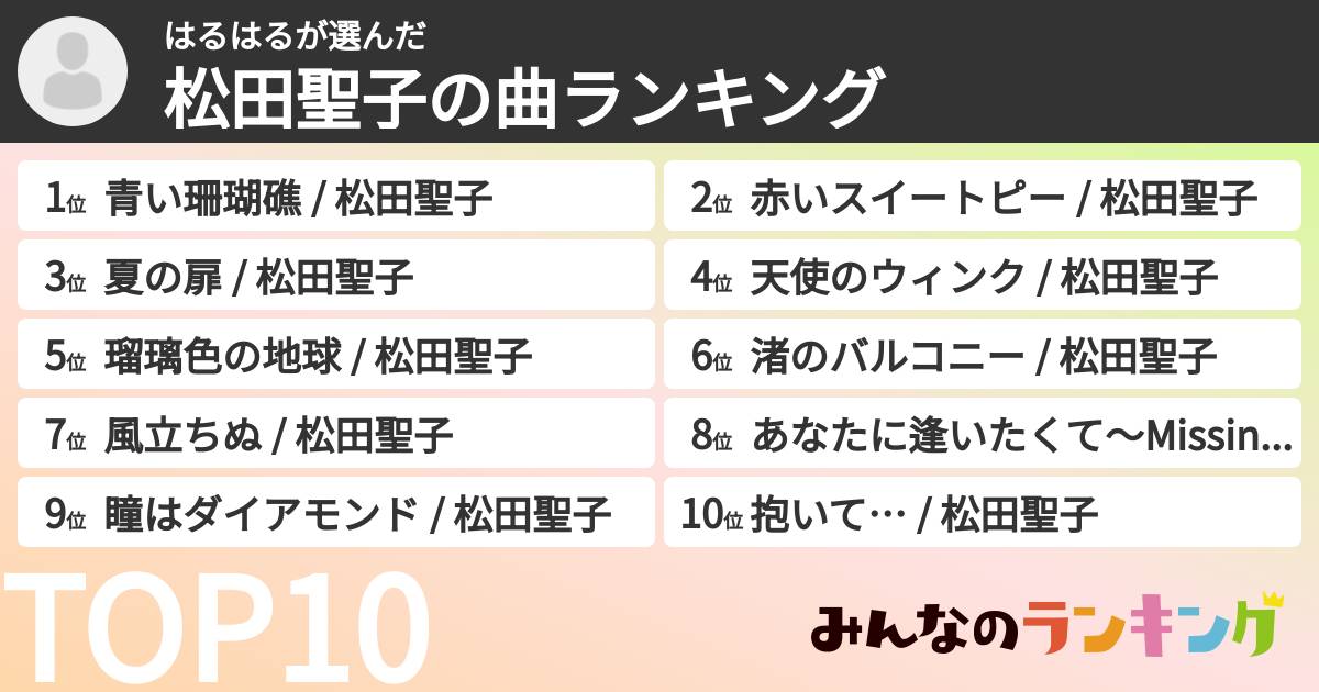 はるはるさんの「松田聖子の曲ランキング」
