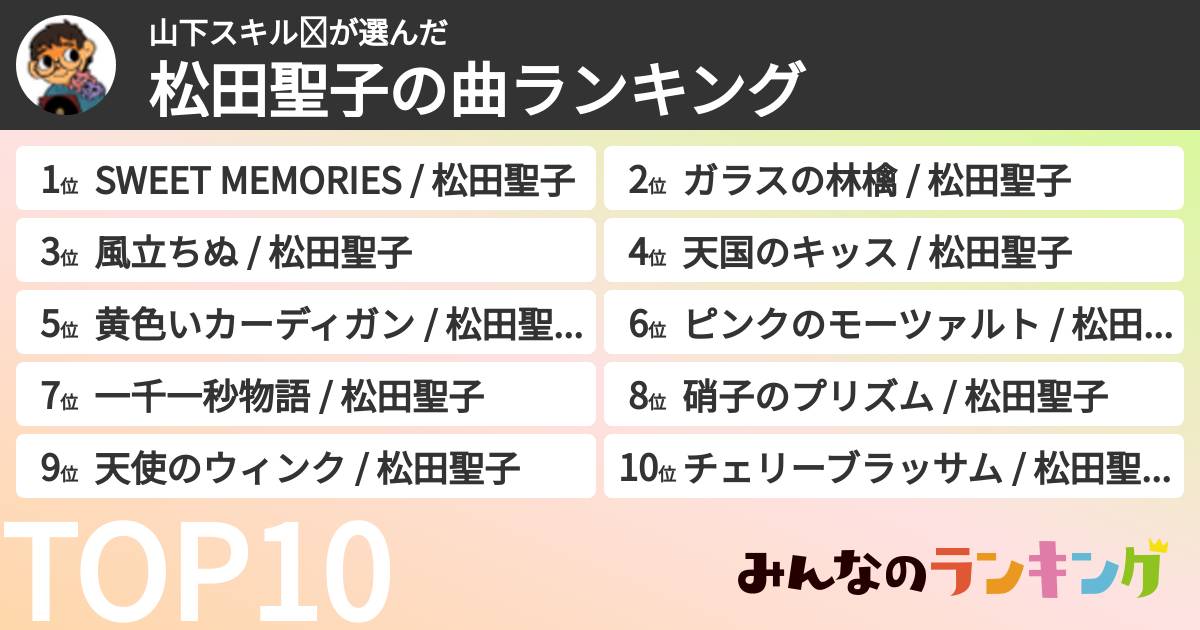 山下スキル☪さんの「松田聖子の曲ランキング」