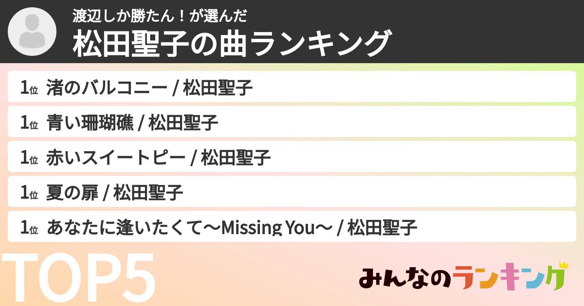 渡辺しか勝たん！さんの「松田聖子の曲ランキング」