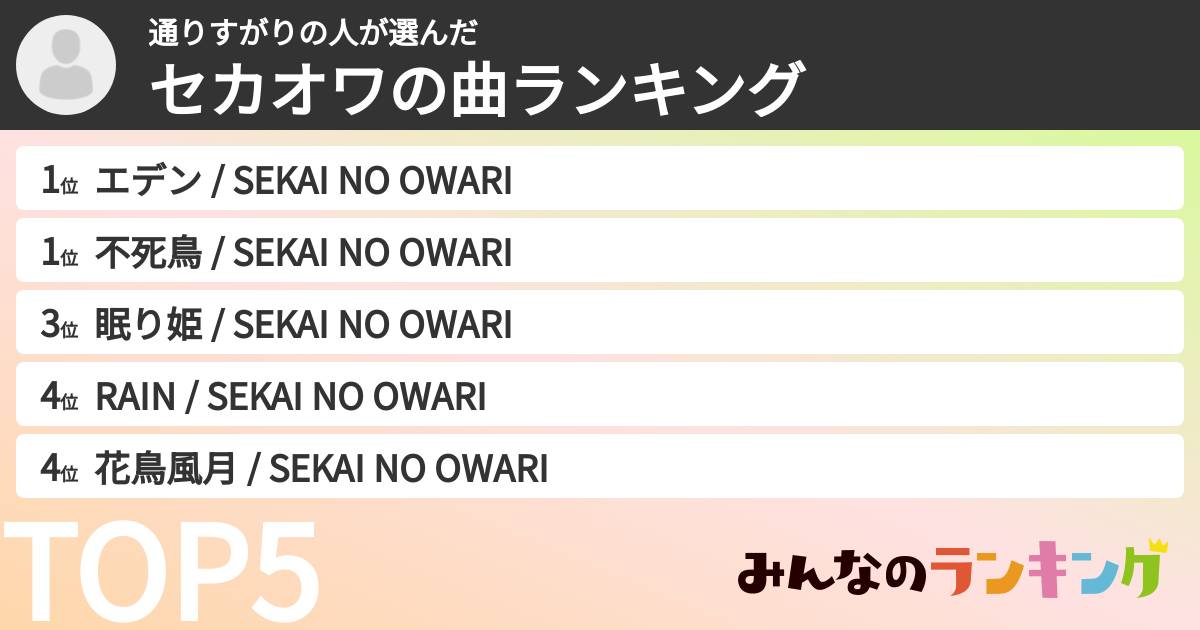 通りすがりの人さんの「セカオワの曲ランキング」