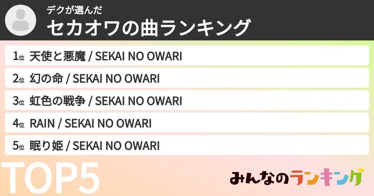 デクさんの「セカオワの曲ランキング」