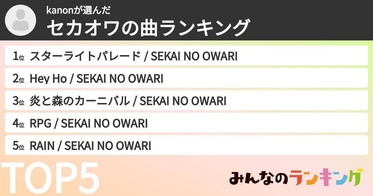 kanonさんの「セカオワの曲ランキング」