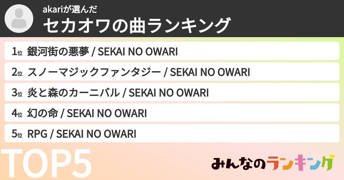 akariさんの「セカオワの曲ランキング」