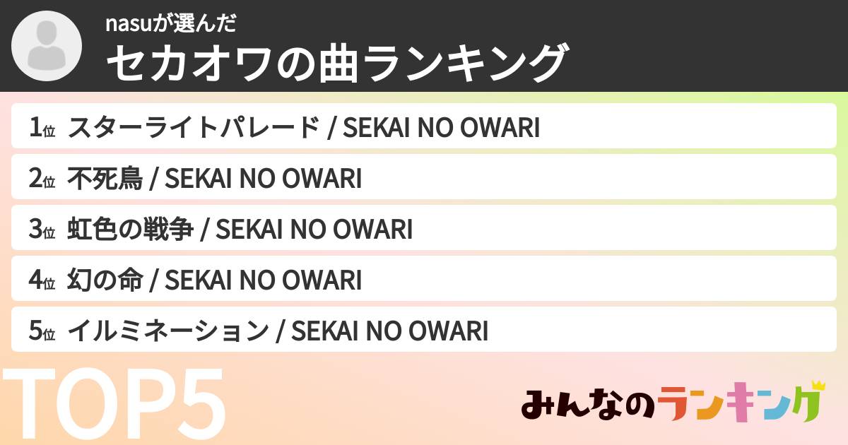 nasuさんの「セカオワの曲ランキング」