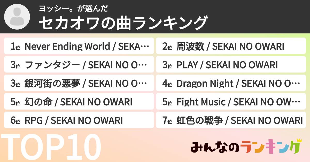 ヨッシー。さんの「セカオワの曲ランキング」