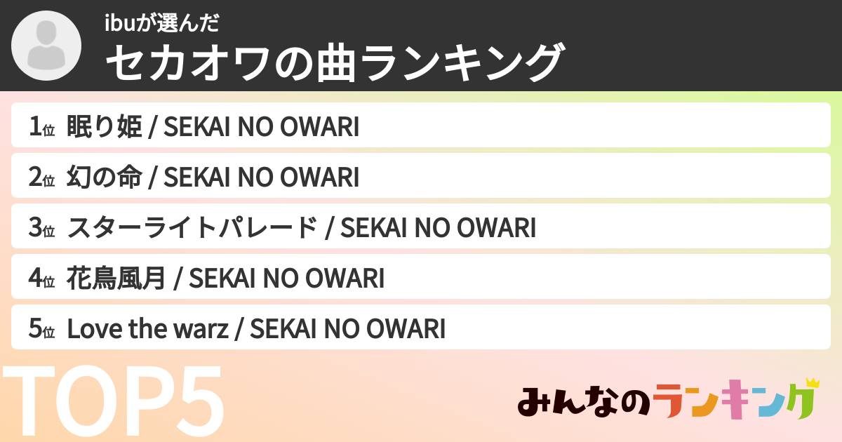 ibuさんの「セカオワの曲ランキング」