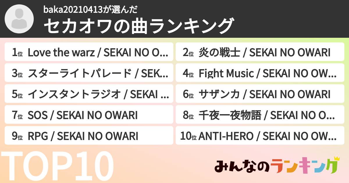 baka20210413さんの「セカオワの曲ランキング」