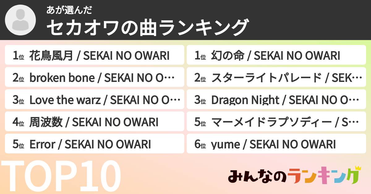 あさんの「セカオワの曲ランキング」