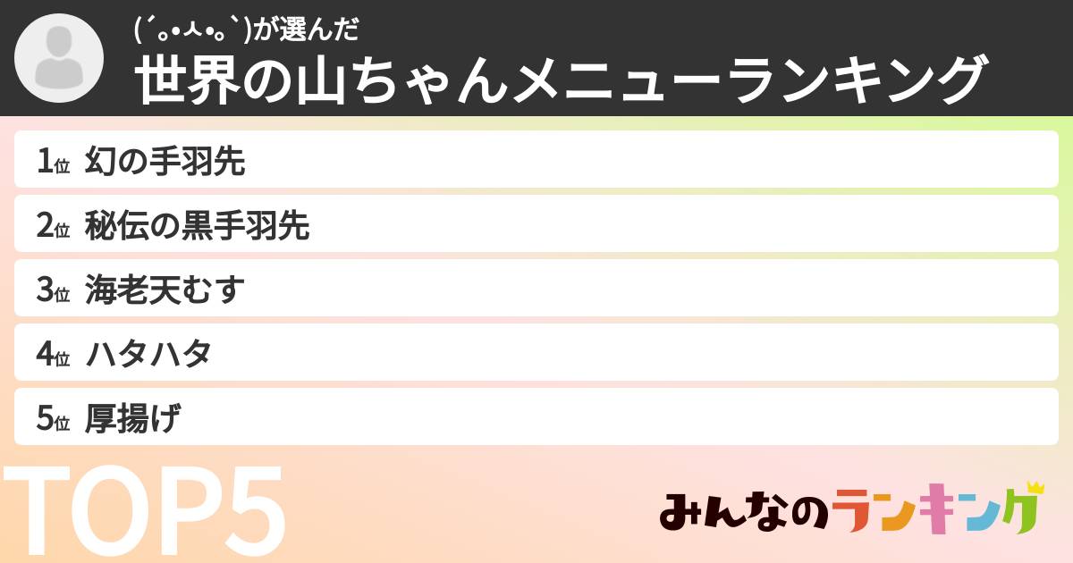 (´｡•ㅅ•｡`)さんの「世界の山ちゃんメニューランキング」