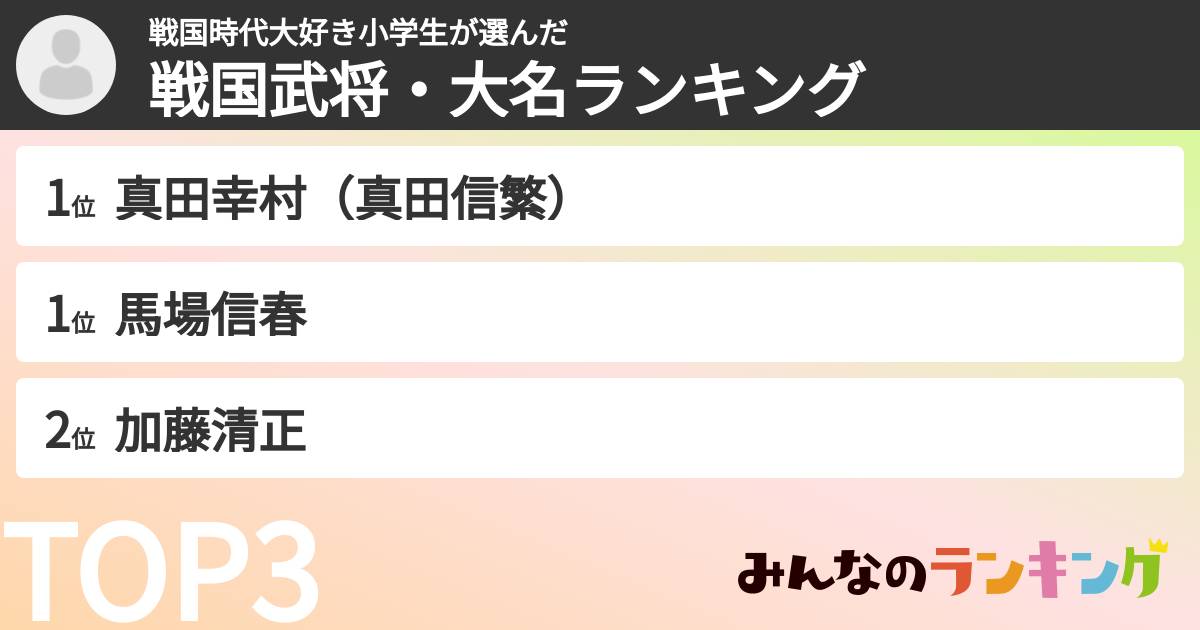 戦国時代大好き小学生さんの「戦国武将・大名ランキング」