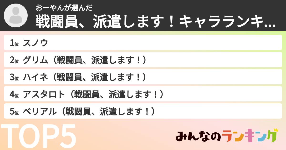 おーやんさんの「戦闘員、派遣します!キャラランキング」