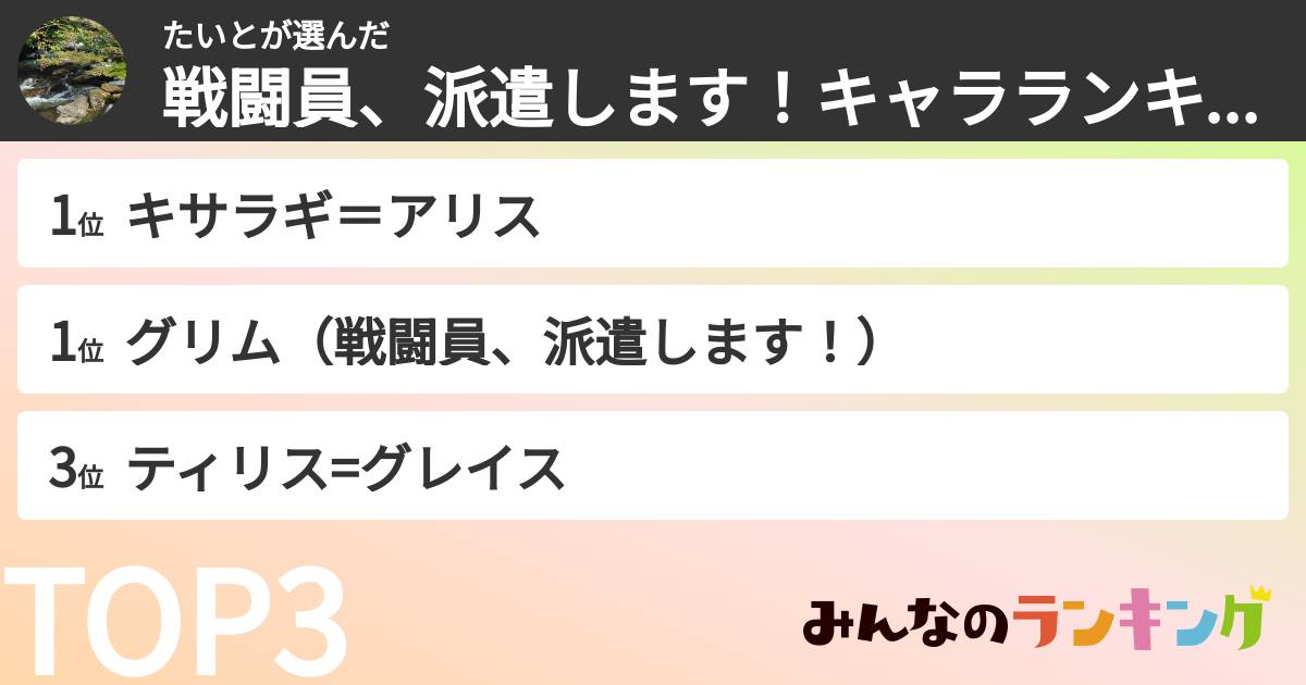 たいとさんの「戦闘員、派遣します！キャラランキング」
